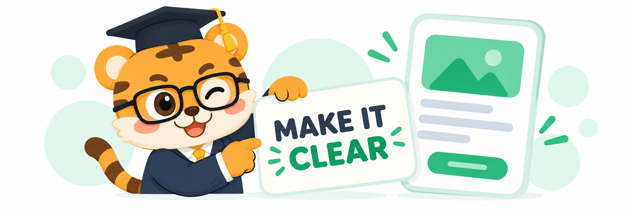 A flat 2D tiger character organizing a small card based app screen beside the words Make It Clear