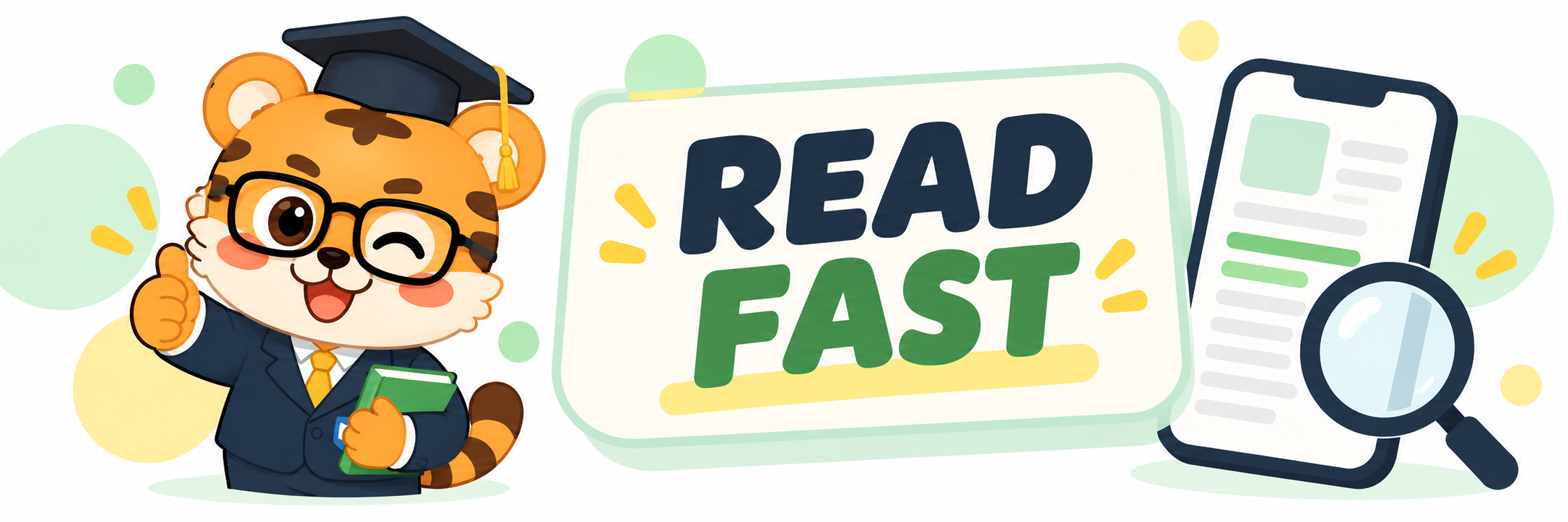 A flat 2D tiger character holding a magnifying glass over one clear caption card with the words Read Fast