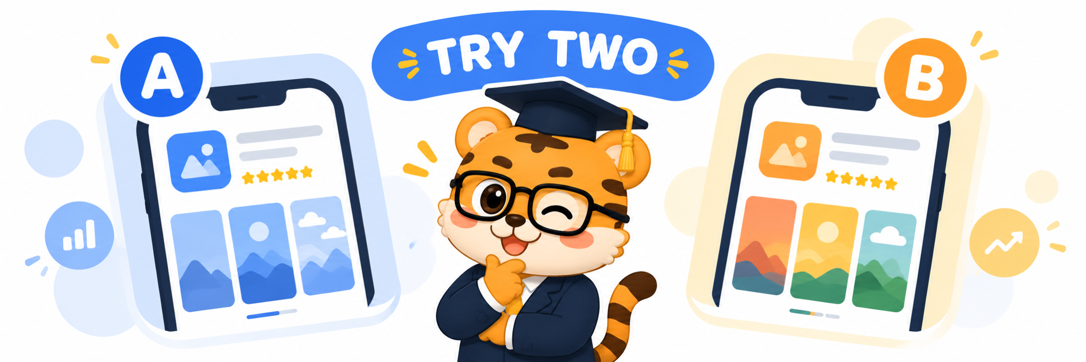 A flat 2D tiger character comparing two rounded App Store screenshot cards with phone screens and a simple English label Try Two