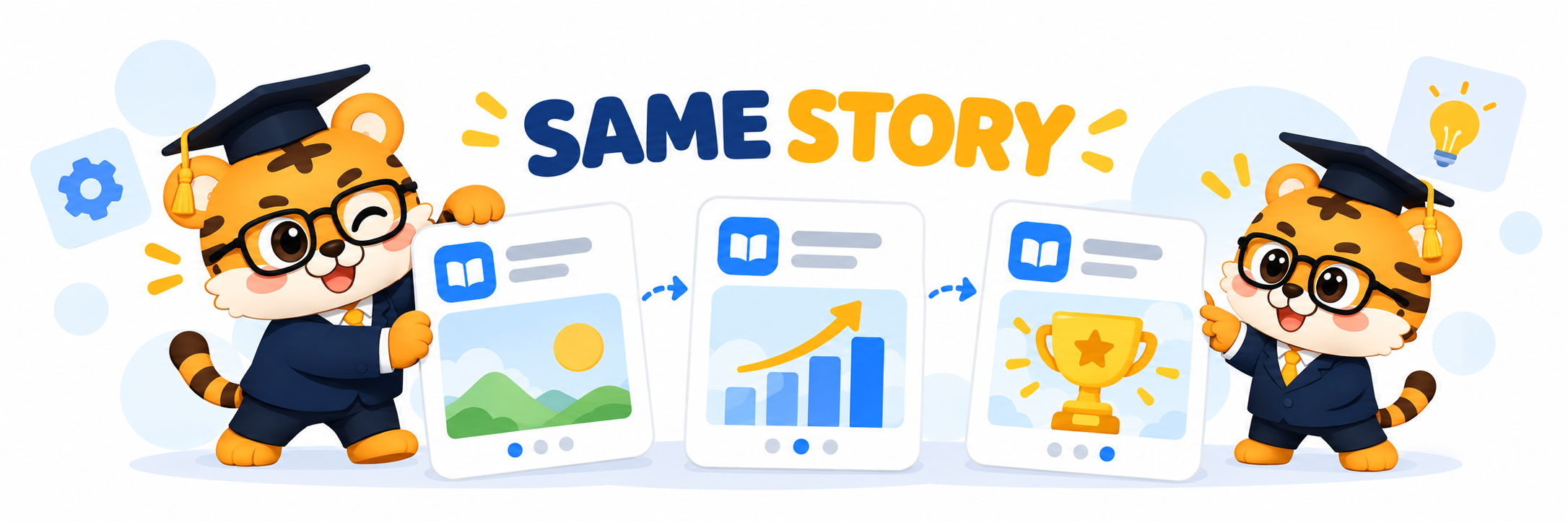 A flat 2D tiger character arranging matching App Store gallery cards on a clean rounded canvas with the simple English words Same Story