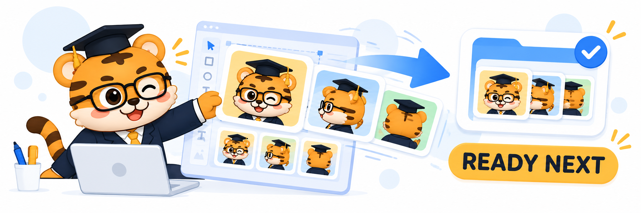 A flat 2D tiger character sending a finished phone gallery from an editable canvas toward a neat export card with the simple English words Ready Next