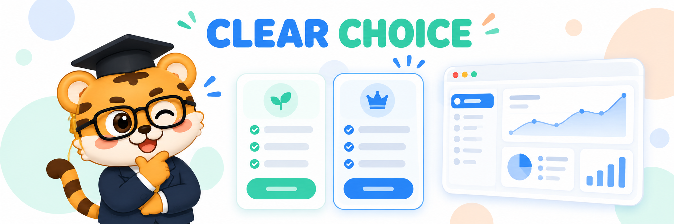 A flat 2D tiger character comparing two clean rounded plan cards beside an app screenshot canvas, with the simple English words Clear Choice