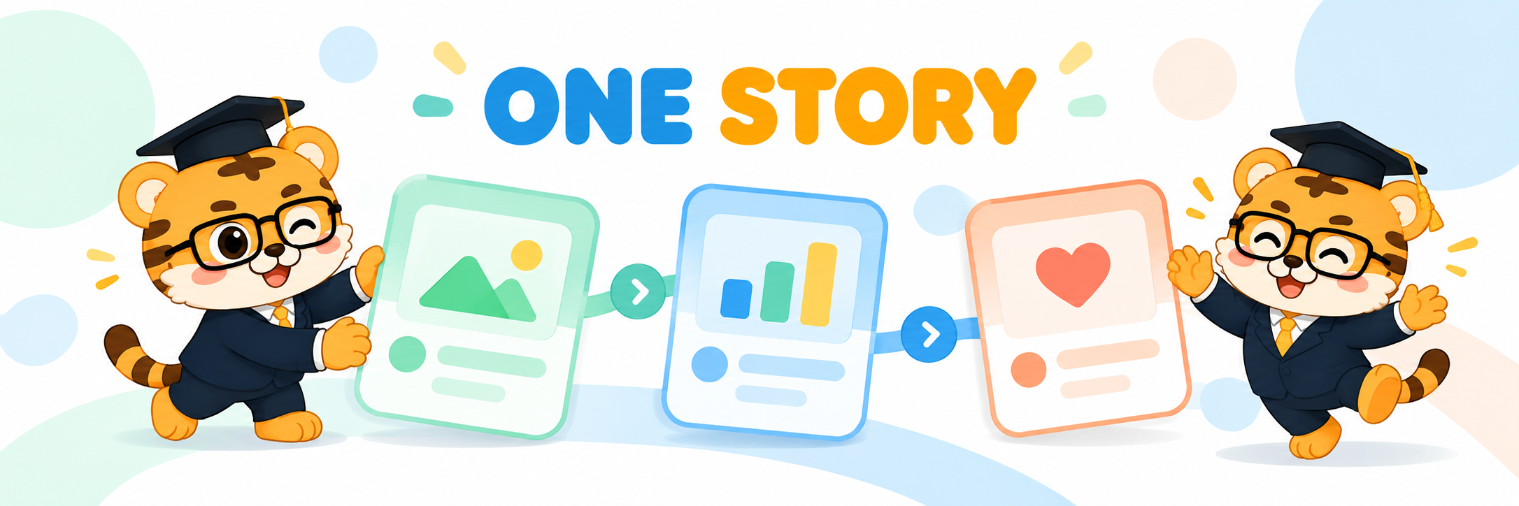 A flat 2D tiger character arranging three connected app screenshot cards into one flowing story, with the simple English words One Story