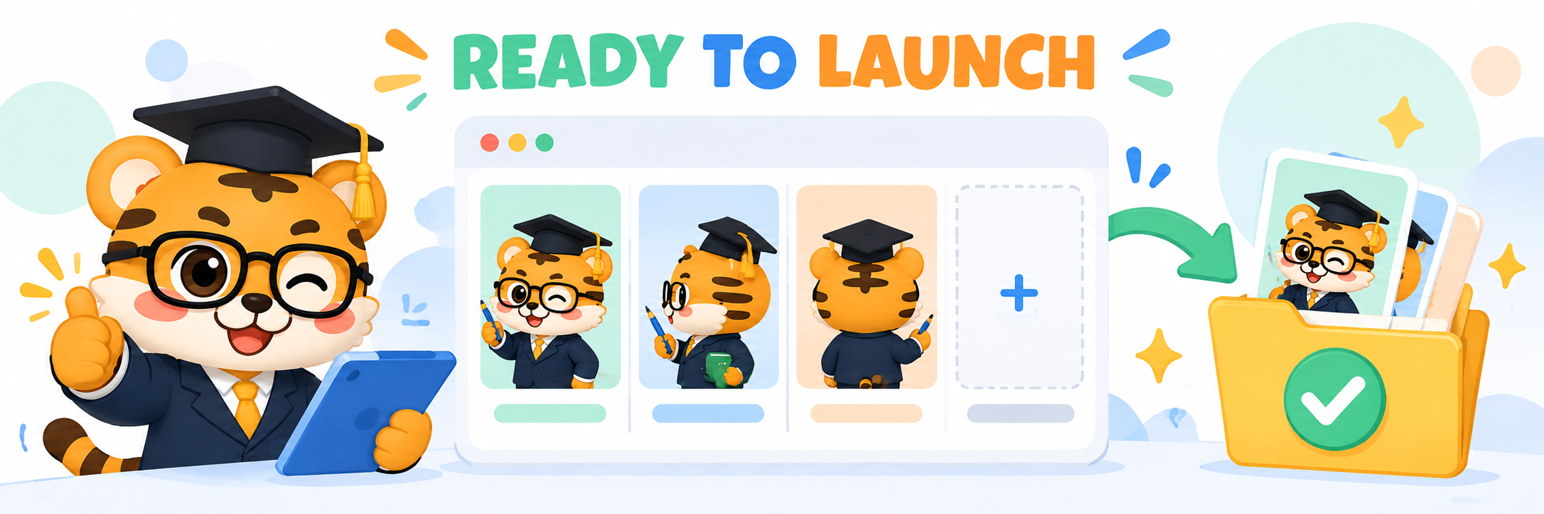 A flat 2D tiger character checking an editable app screenshot gallery and a neat export folder, with the simple English words Ready to Launch