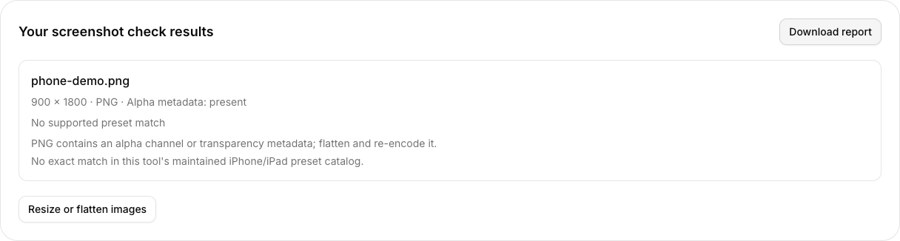 App Store Screenshot Size Checker example output with fictional app content
